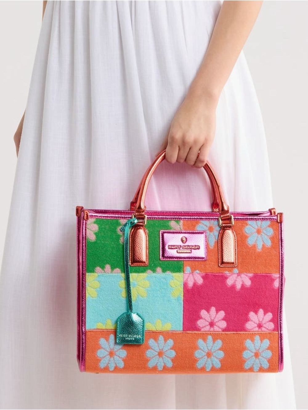 Kurt Geiger Multicolor Floral Patchwork Tote with Metallic Rose Handles